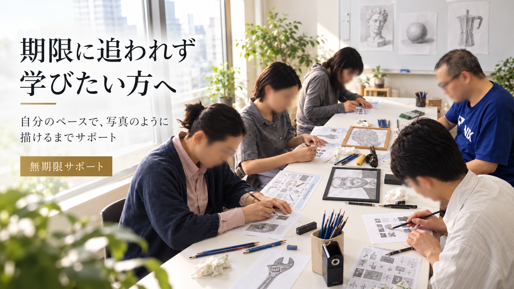 期限に追われず、写真のように描けるまで無期限でサポートする鉛筆画教室