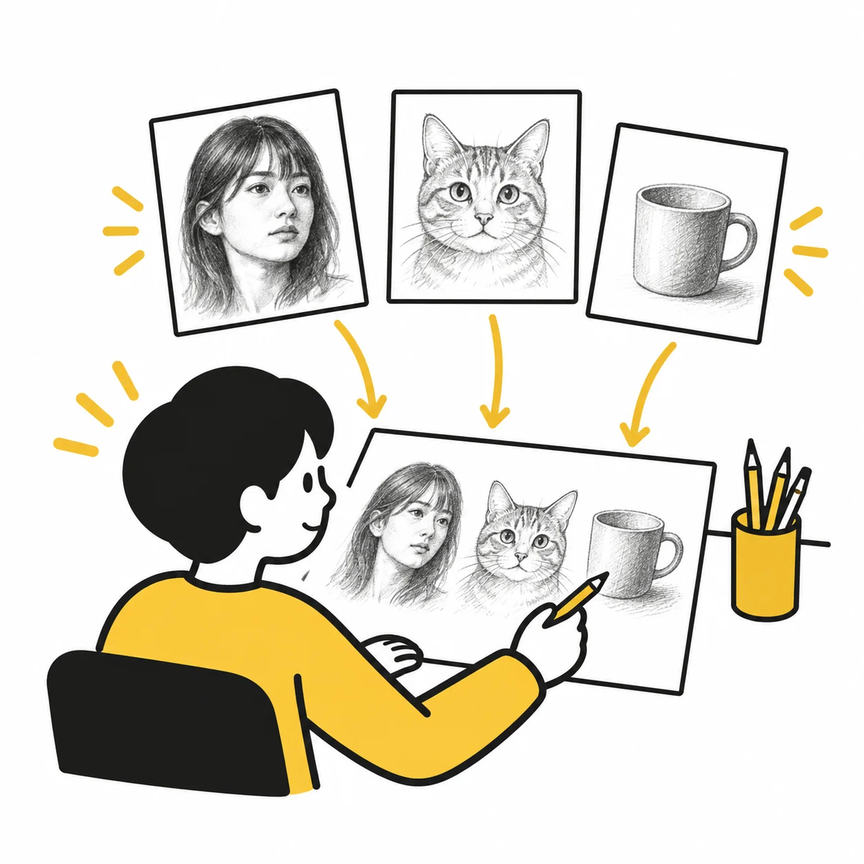 好きな人物、猫、身近な物を鉛筆で描く様子